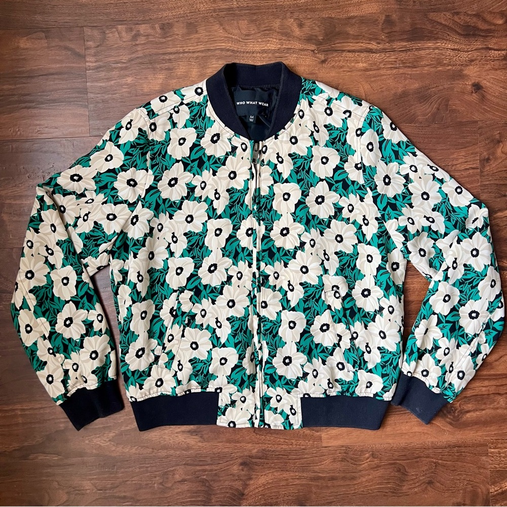 WHO WHAT WEAR Jacket Multicolor Floral Lined Zip Up Bomber Style Women’s Size M